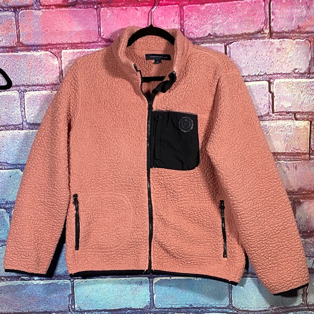 Tommy Hilfiger Women's Sherpa Fleece Jacket Medium Tan Zip Up Cozy Casual